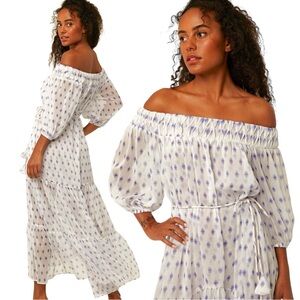 Misa Los Angeles White Maxi Dress with Lavender Print Off-Shoulder